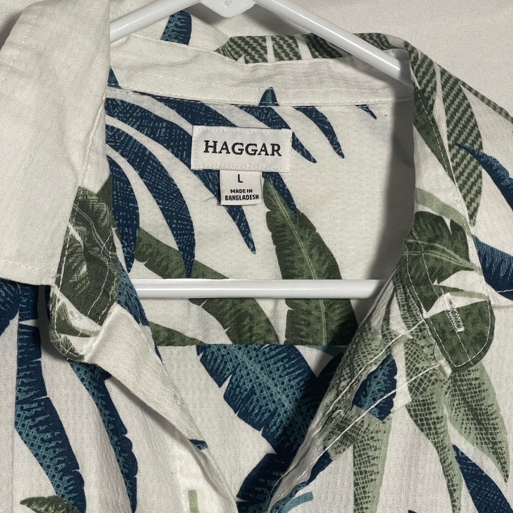 Haggar Tropical Leaf Print Button Front Shirt Men’s Size Large 100% Cotton - Picture 3 of 6